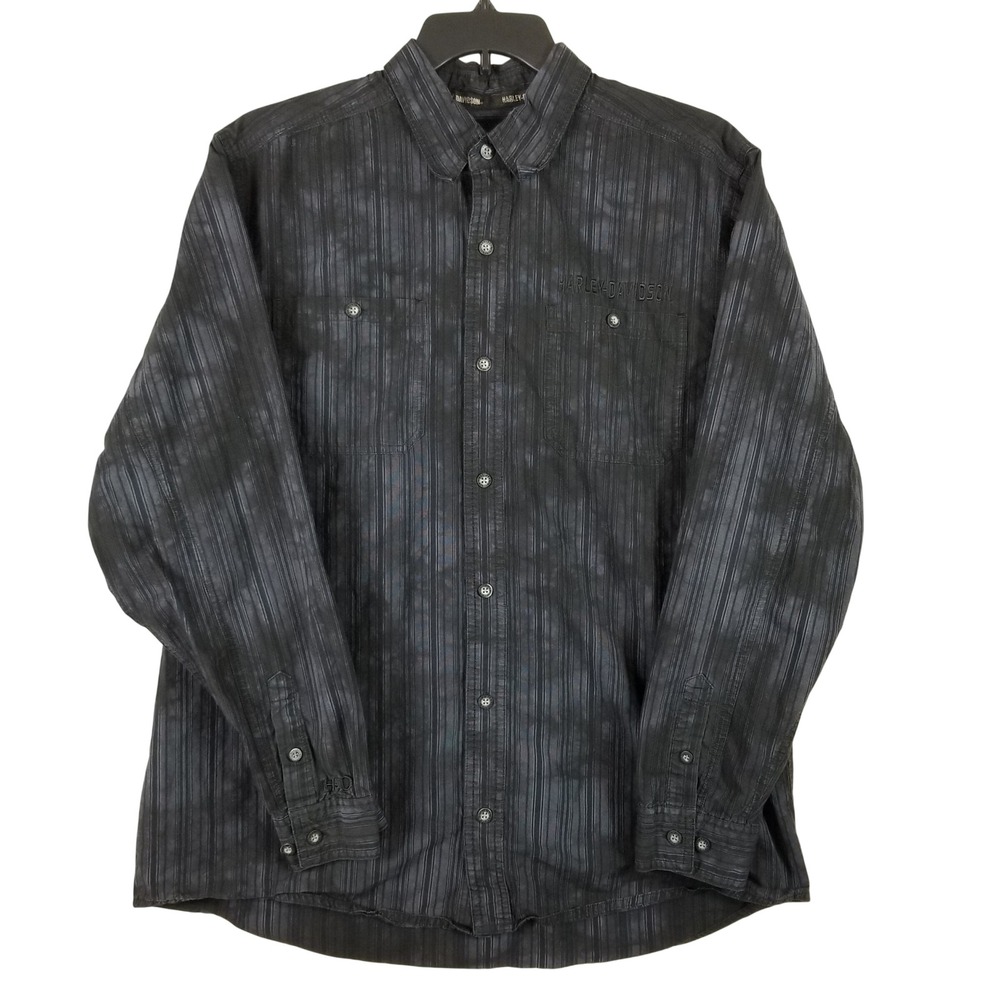 Harley-Davidson Mens XL Tall Black Striped Tie Dye Button Up Shirt Graphic Back